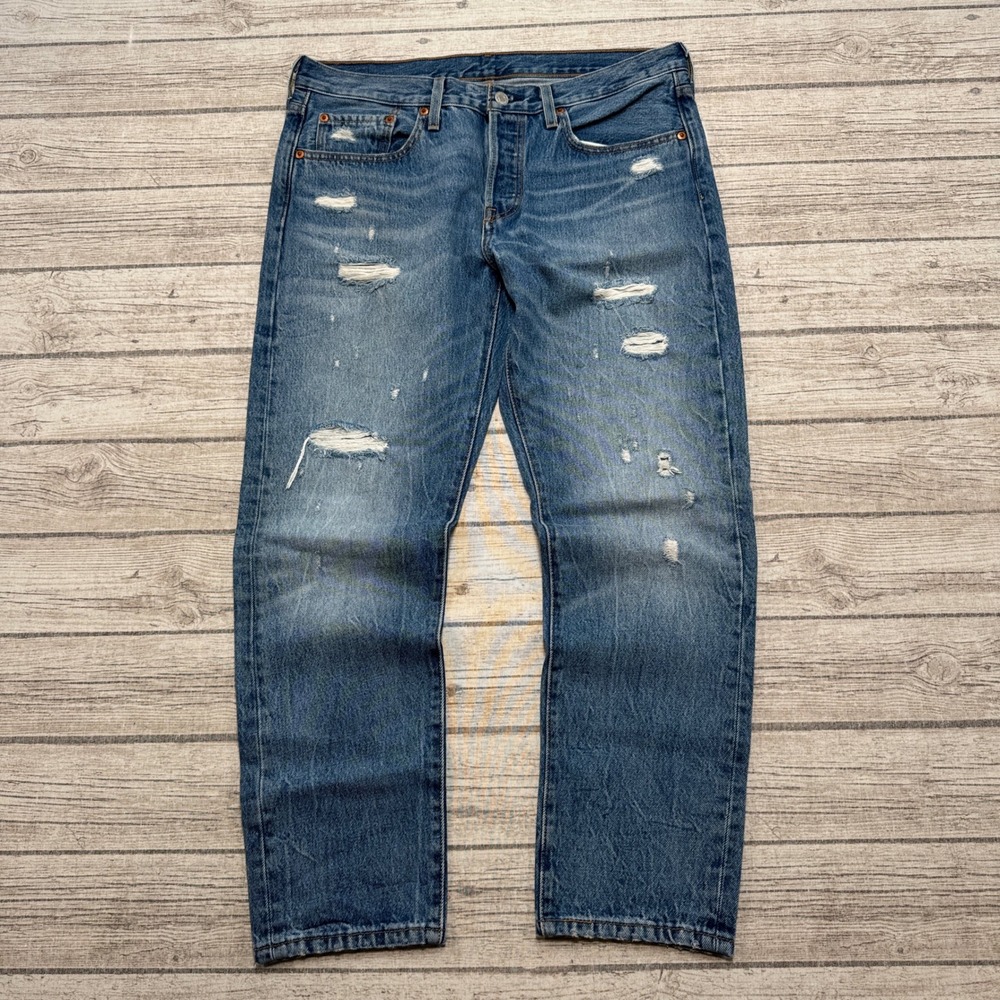 Levi's 501 Jeans Men's 34x28 Blue Distressed Button Fly Tapered Leg Cotton Denim